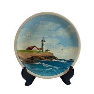 R WAITE Lighthouse scene Hand Painted  Glass Plate 10 IN Round Nautical Decor